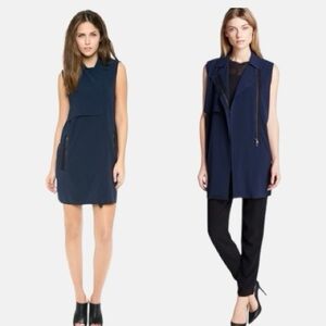 Vince Blue Laser Cut Trench Vest Dress Zip Front Sz XS